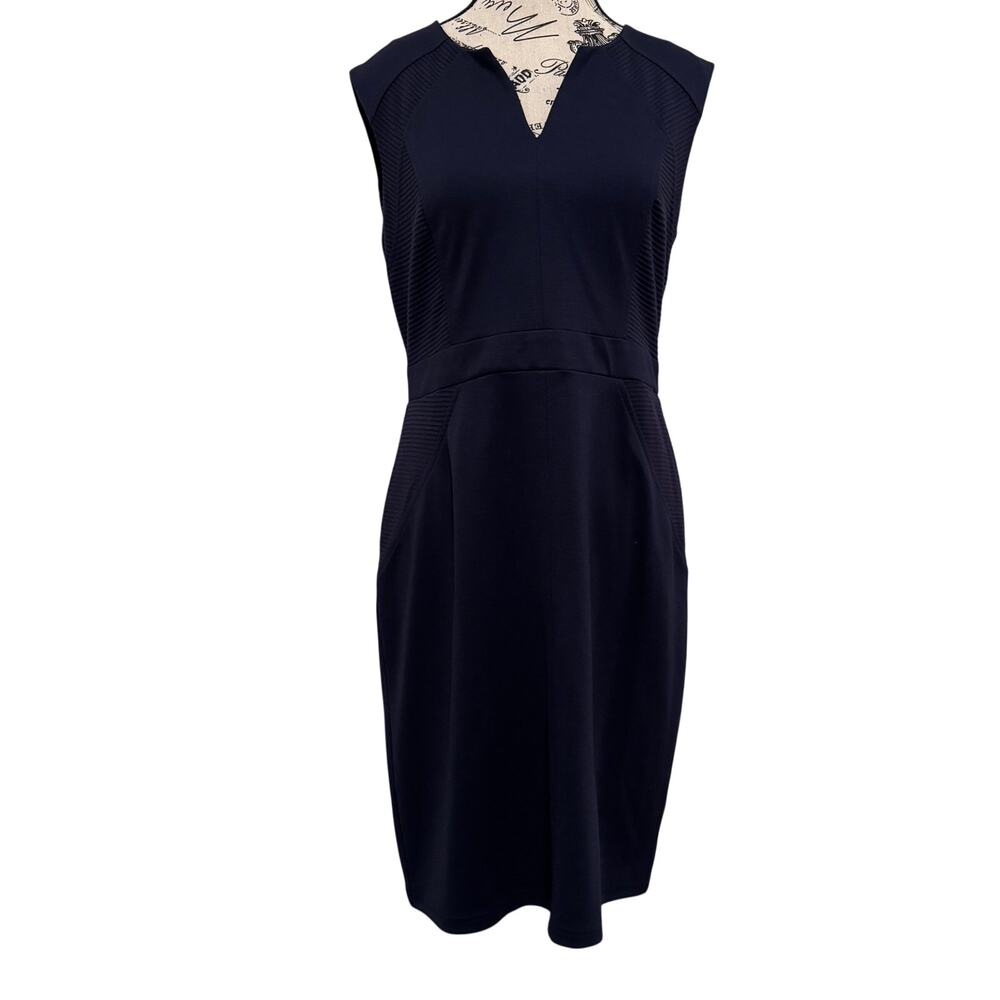 Spense Womens Size 8 Navy Blue Ponte Sheath Dress Exposed Zipper Cap Sleeve Work